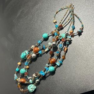 Glass Bead Necklace with Faux Turquoise Tigers Eye & Silver Bead Accents 19”